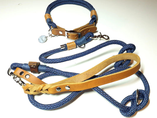 Halsbandset Tau Set STEVE aus Kletterseil in blau mit Gravur - BenzoDesign