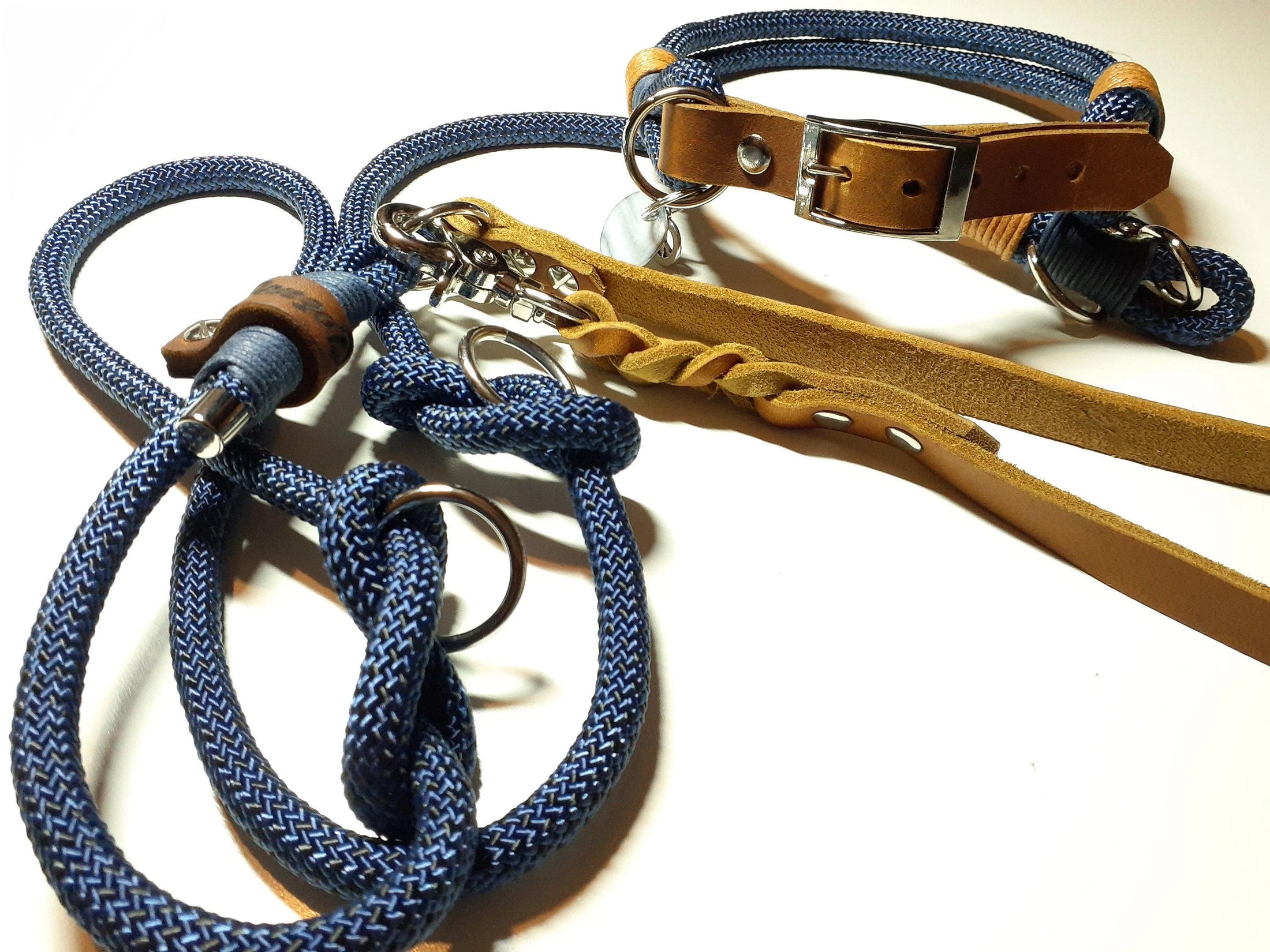 Collare set corda STEVE in corda da arrampicata in blu con incisione - BenzoDesign